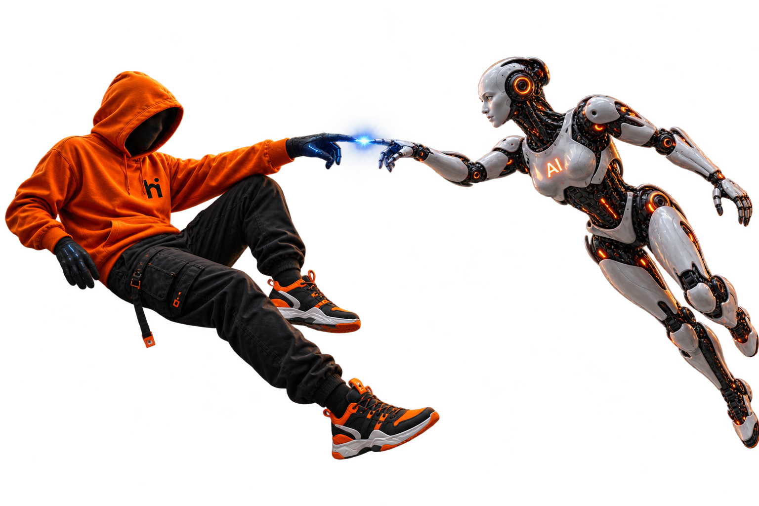 A person in a Human-ish hoodie reaching toward an AI companion